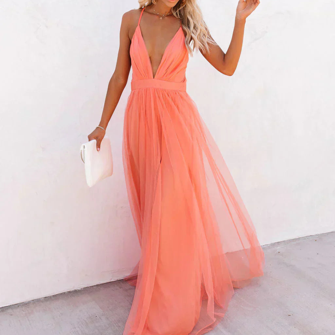 Alina- Vestido largo en color coral