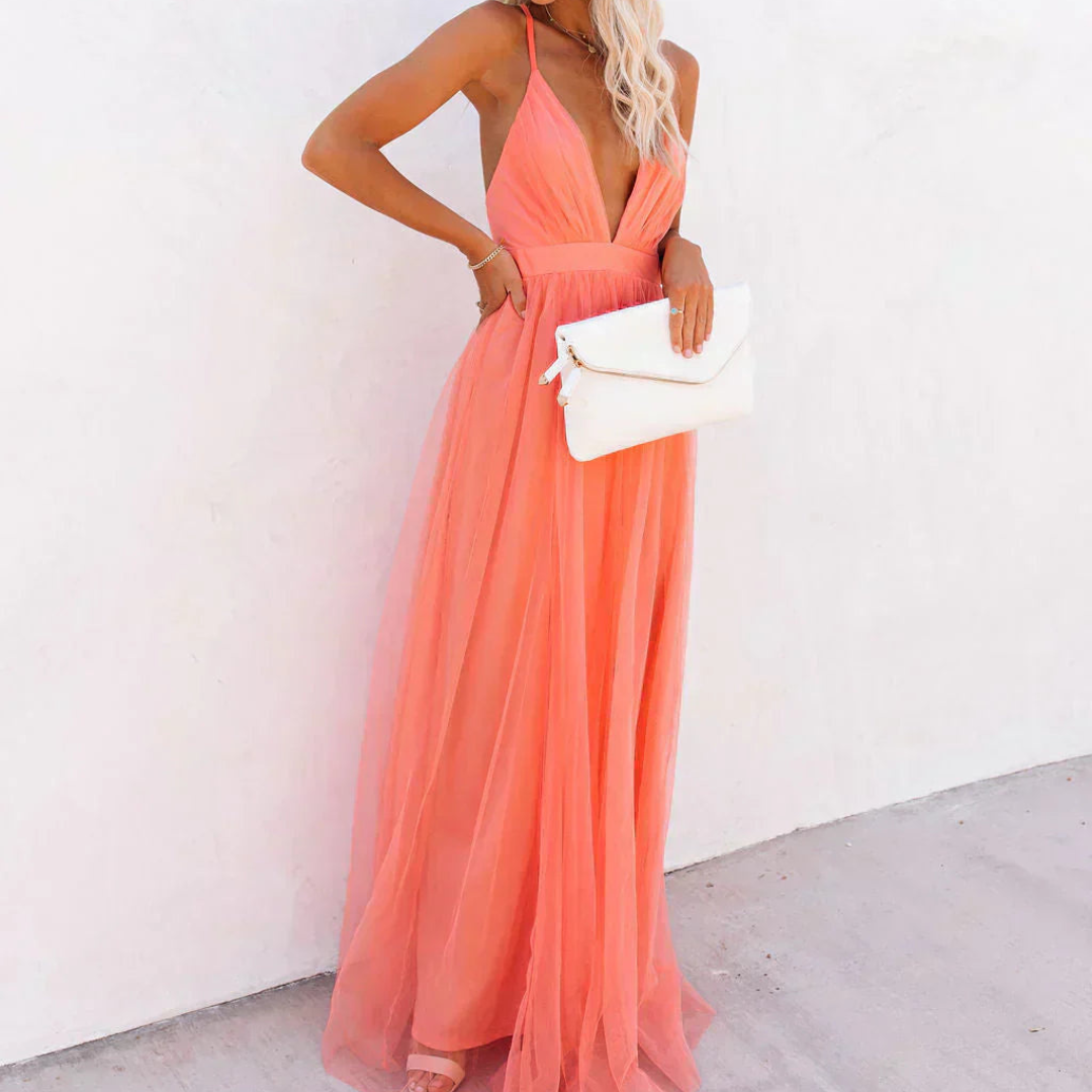 Alina- Vestido largo en color coral