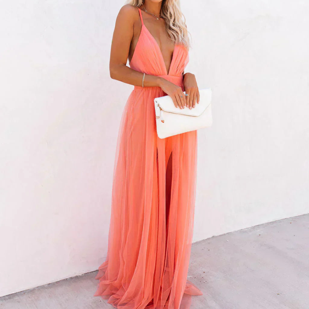 Alina- Vestido largo en color coral