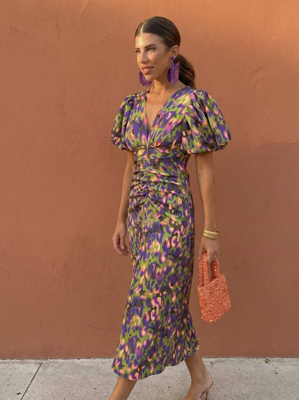 Carla - Vestido Midi Estampado con Mangas Abullonadas