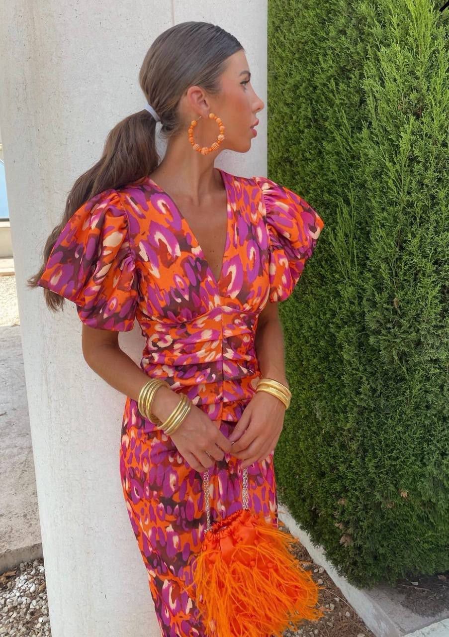 Carla - Vestido Midi Estampado con Mangas Abullonadas