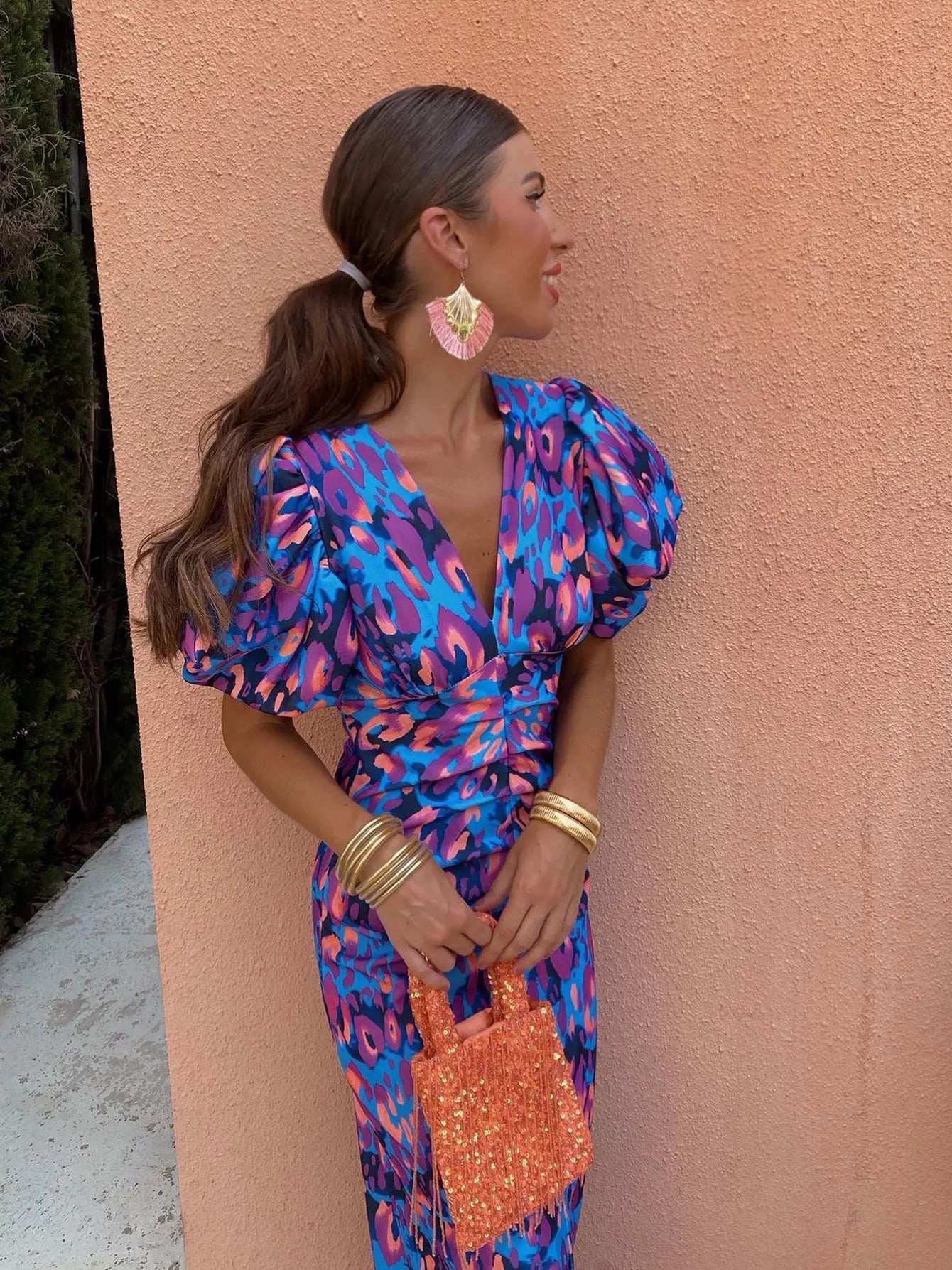 Carla - Vestido Midi Estampado con Mangas Abullonadas