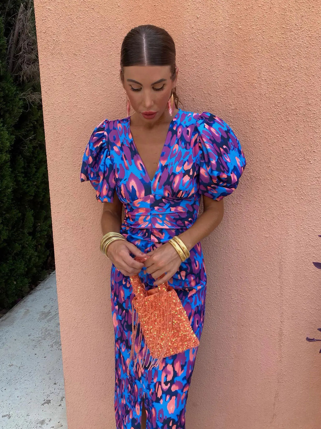 Carla - Vestido Midi Estampado con Mangas Abullonadas
