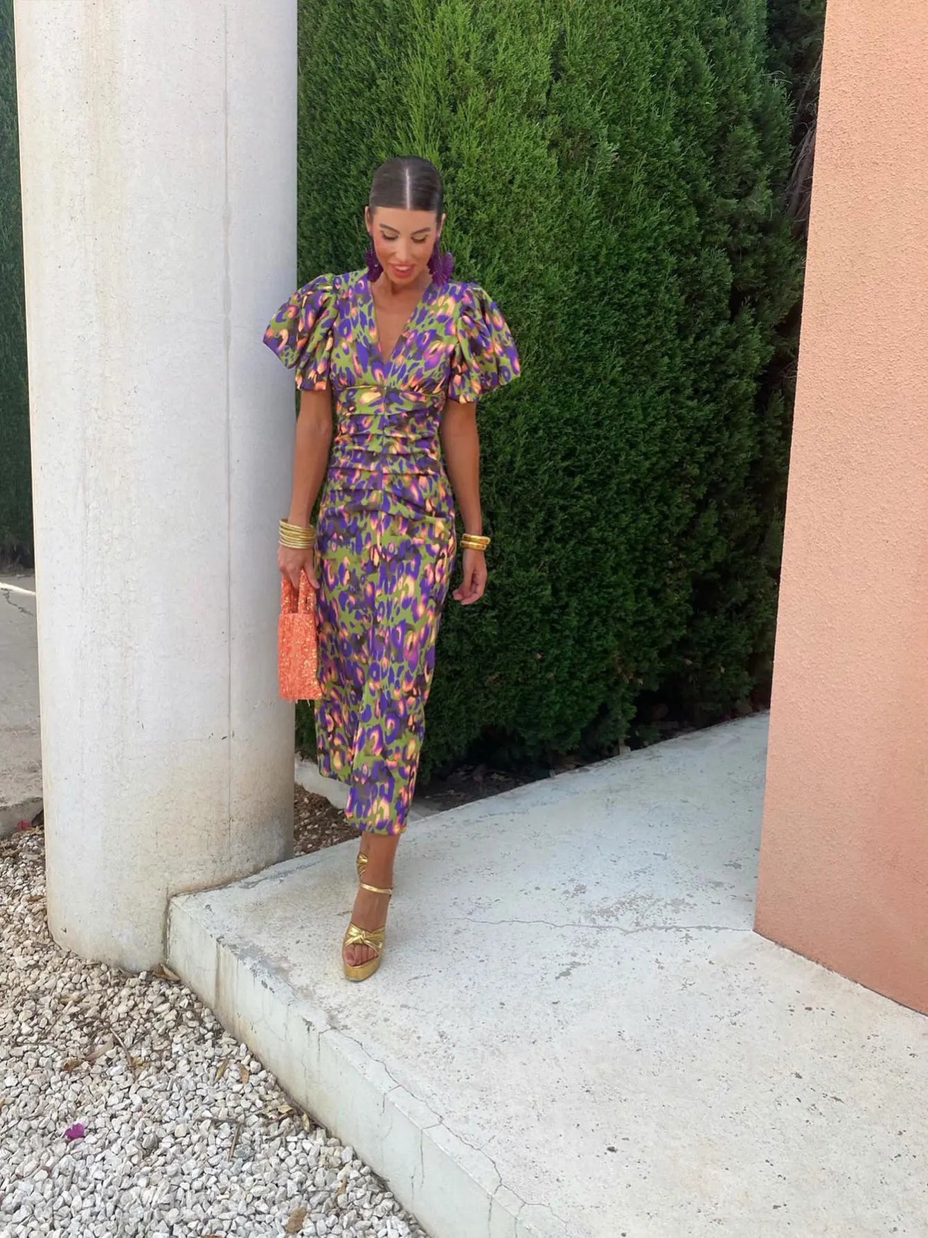 Carla - Vestido Midi Estampado con Mangas Abullonadas