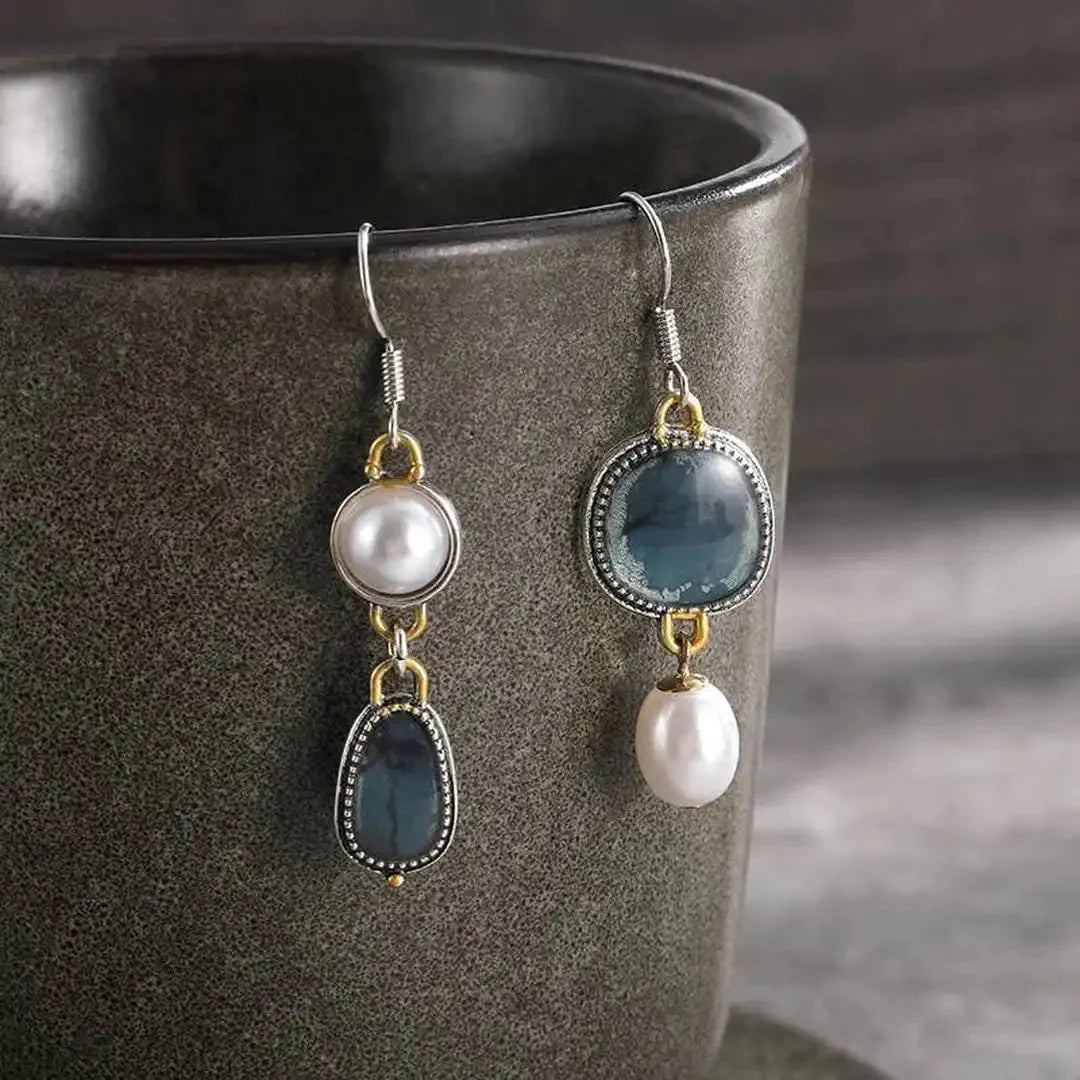 Carol - Pendientes vintage de perlas y piedra azul