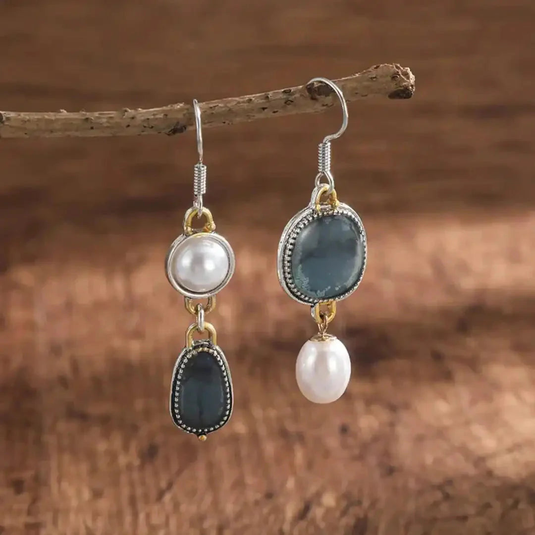 Carol - Pendientes vintage de perlas y piedra azul